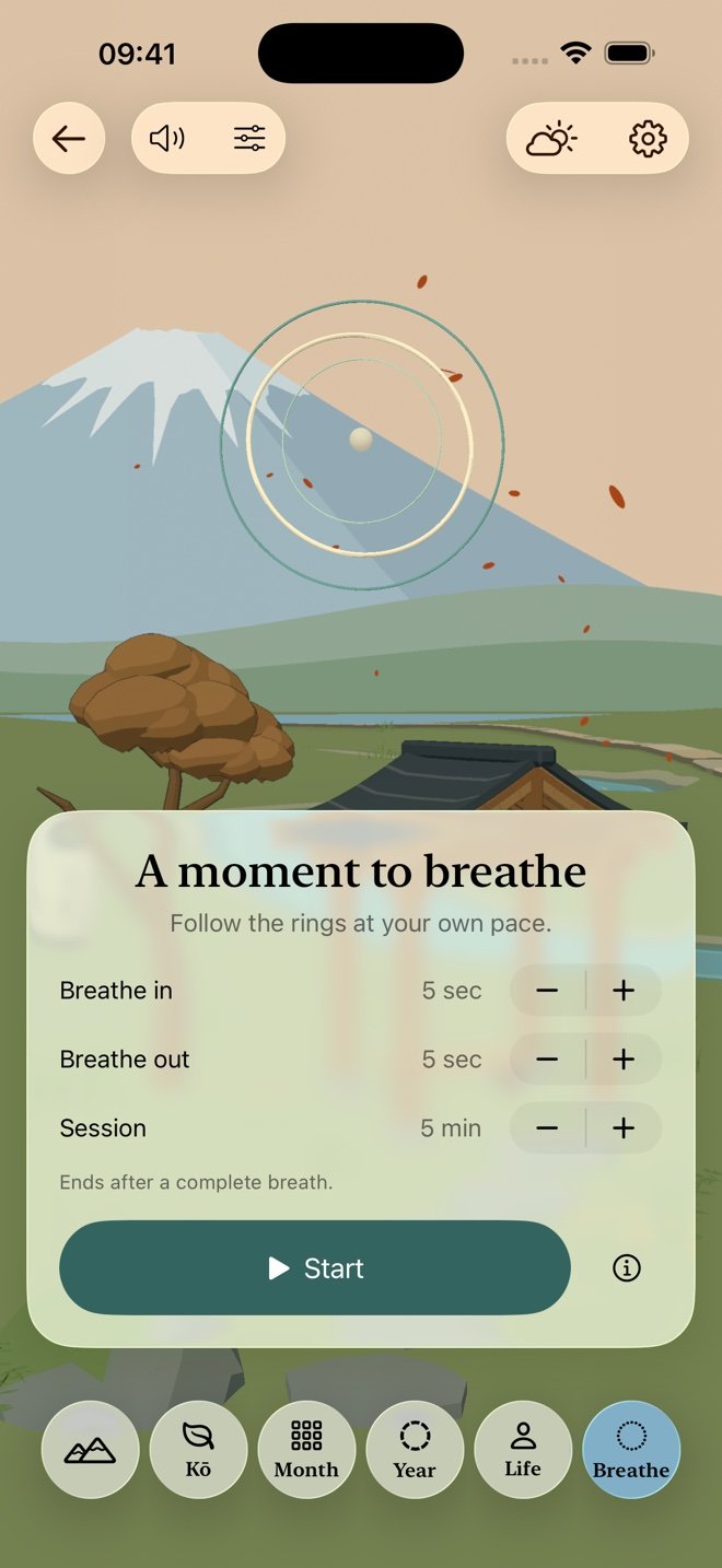 Kehai breathing controls with adjustable inhale, exhale, and session length.